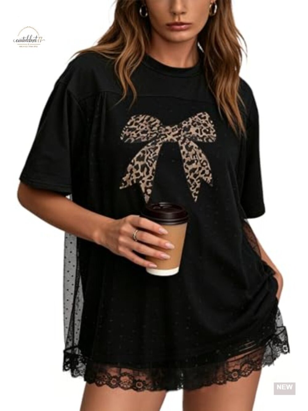Oversized Graphic Tee for Women with Lace Trim Crew Neck Short Sleeve